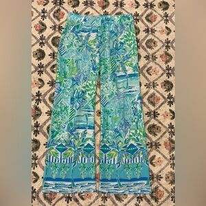 Lilly Pulitzer Bal Harbour Mid-Rise Palazzo Pants Whisper Blue Beach Happy Large